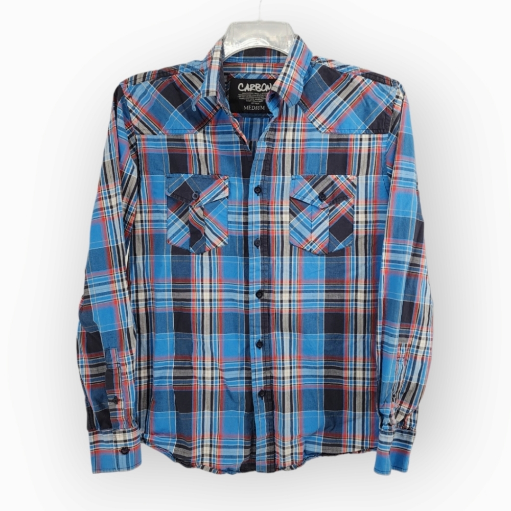 Carbon Western Plaid Button-down Shirt Long Sleeve Casual Cotton Blue Medium